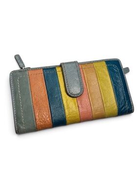 Fossil Vintage Leather Multicolor Patchwork Striped Trifold Wallet Blue OS